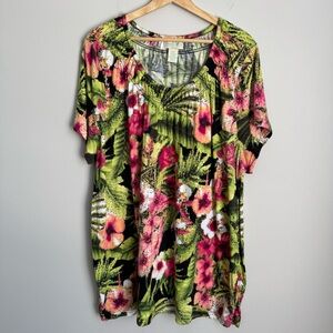 Caribbean Joe Women’s 3X Floral Tropical Print Top 100% Cotton Vacation Beach